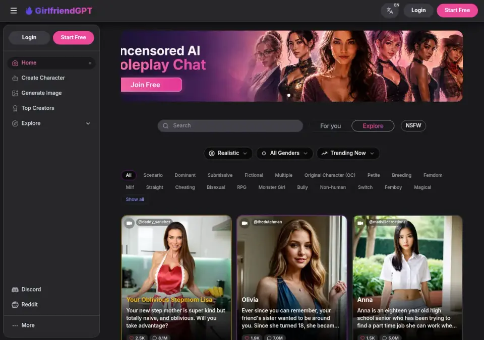 Screenshot of GirlfriendGPT website