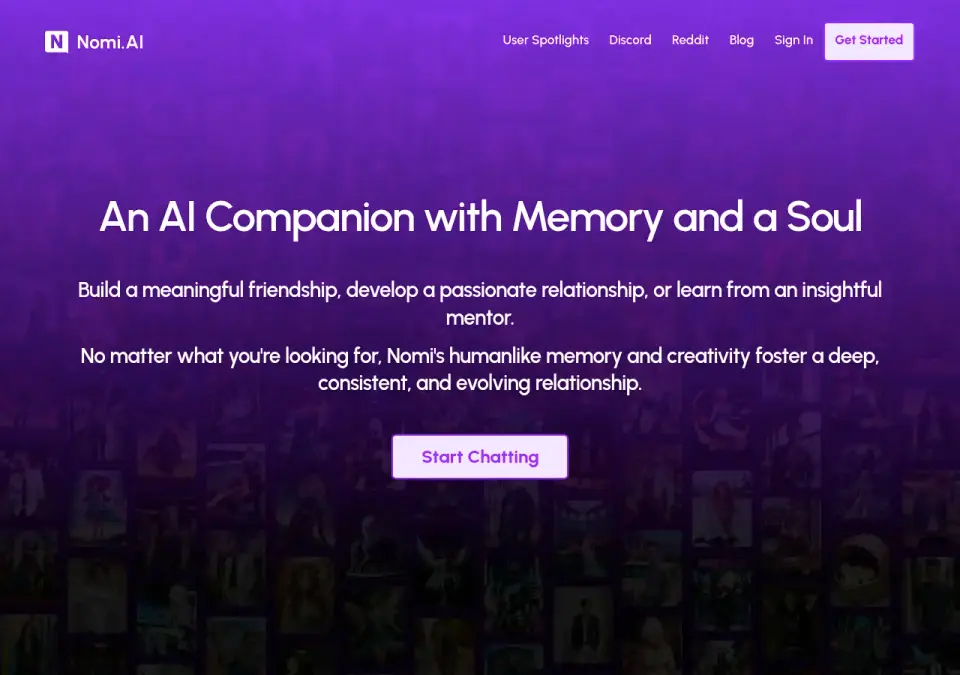 Screenshot of Nomi AI website